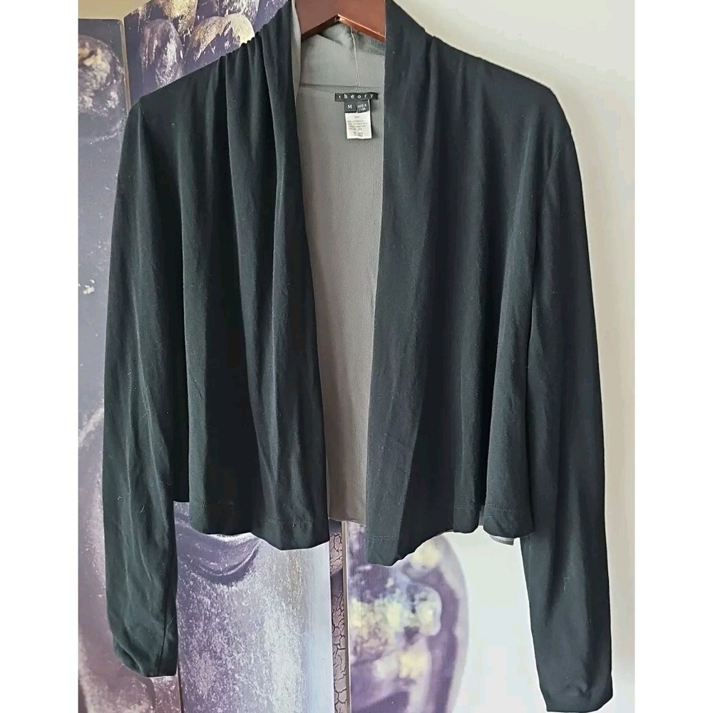 Theory Women's Black & Gray Cotton Silk Combo Open Front ALICE Cardigan Topper M